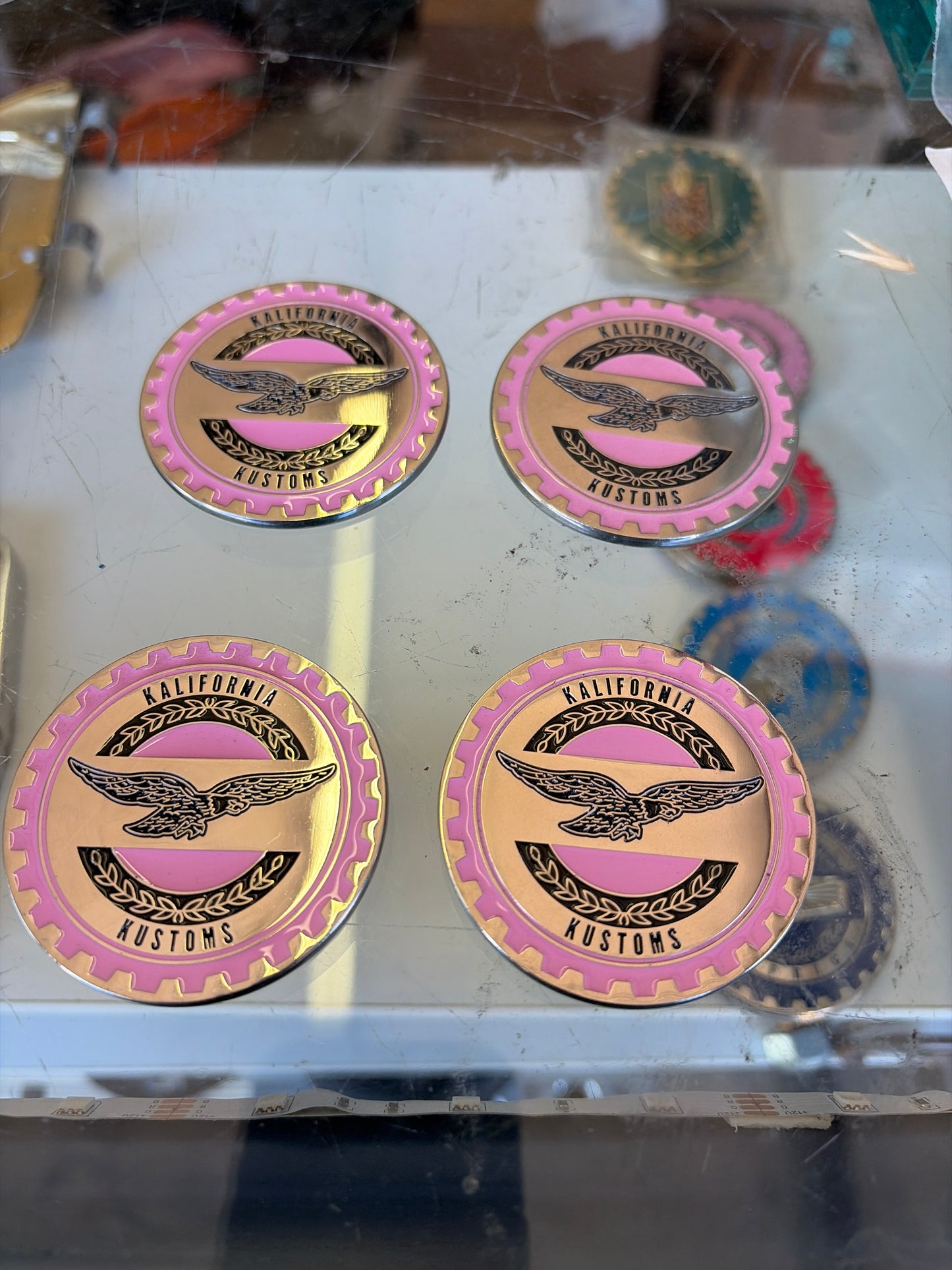 Pink Kalifornia Kustoms metal Chip emblems (Set of 4)