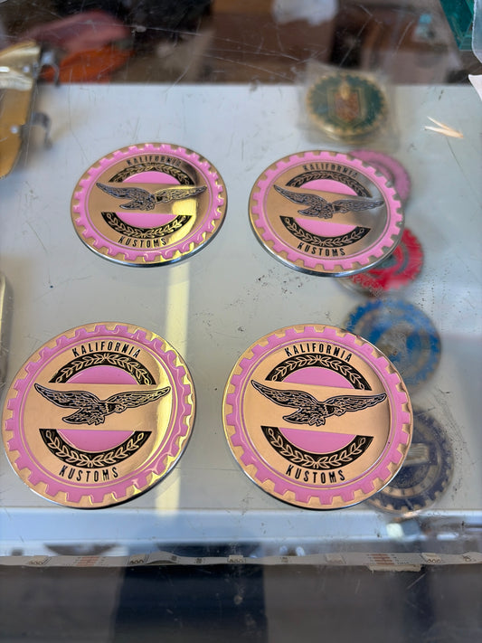 Pink Kalifornia Kustoms metal Chip emblems (Set of 4)